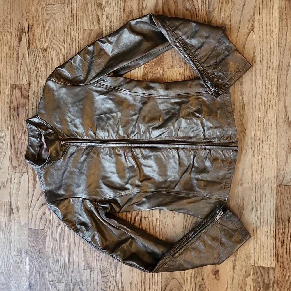 (XXS) le Chateau Metallic Bronze Moto Leather Ruched Zipper Jacket